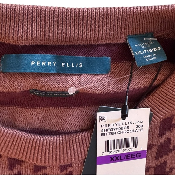 NWT Perry Ellis Men's Houndstooth Crewneck Sweater - Brown/Maroon - Picture 3 of 5